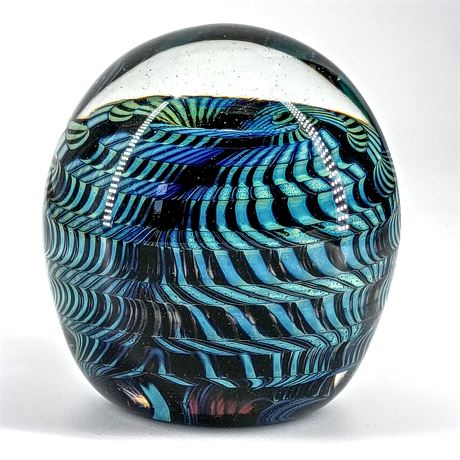 Signed Beck Studio Art Glass Paperweight – Iridescent Blue Ribbon Design