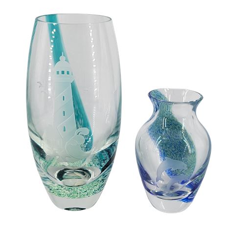 Lenox Teal Swirl Wave Etched Lighthouse / Lenox Blue Swirl Etched Dolphins Vases