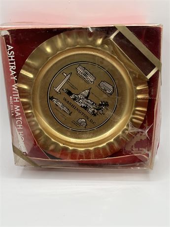 Gold painted tin Washington DC ashtray with match holder