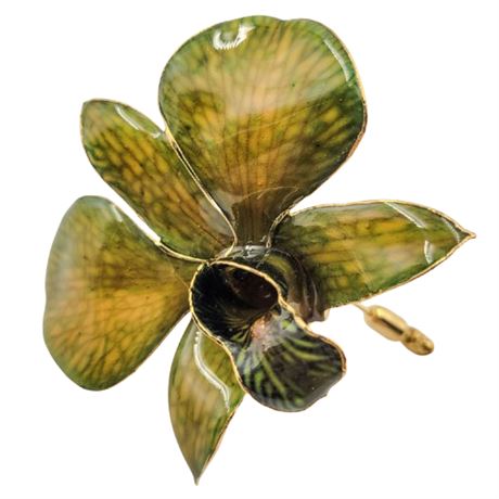 Vintage Green Enamel Gold Tone Orchid Stick Pin with Flaw