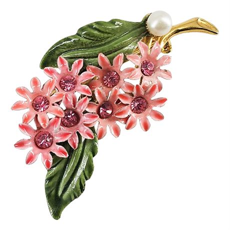 Vintage Pink Enamel & Rhinestone Flowers Brooch