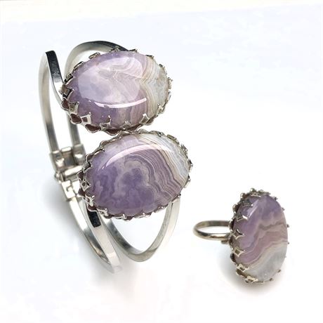 Lovely Purple Banded Lace Agate Stone Clamper Bracelet & Ring Set