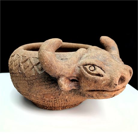 Vintage Primitive Tribal Clay Water Buffalo Bowl