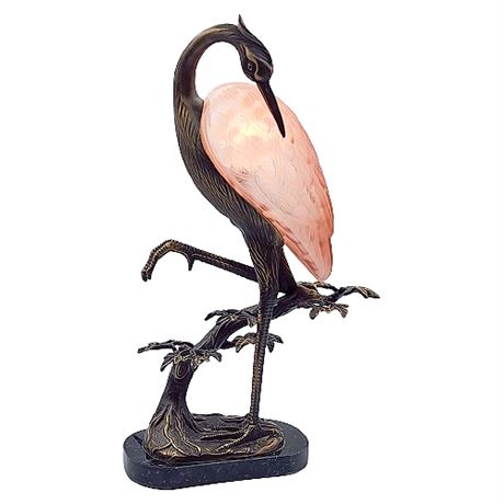 Signed Tin Chi 1996 Cast Bronze Art Glass Heron Lamp