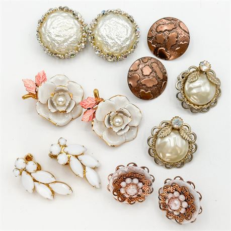 Lot of Vintage Pink & Cream Botanical Clip-On Earrings
