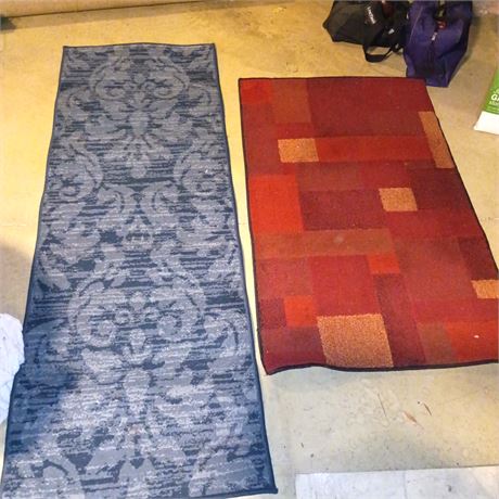 Lot of 2 Area Rugs – Blue Runner & Red Geometric Accent Rug