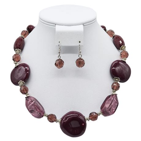 Artisan Made Chunky Plum Mixed Materials Necklace & Earrings Set