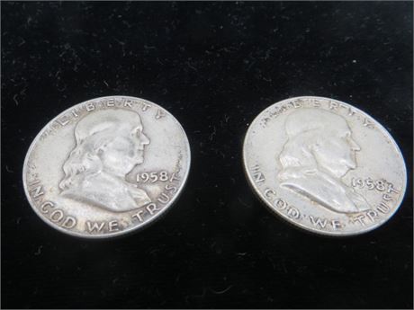 Two 1958 D Ben Franklin Half Silver Dollars