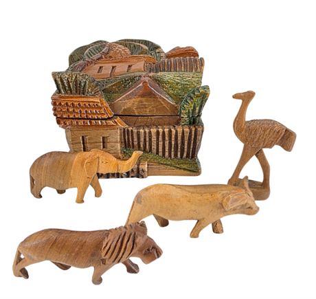 VTG Carved Wood Box and Animals