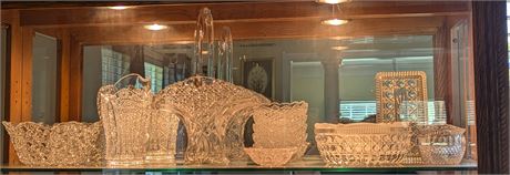 Lot Decorative Cut Glass Pitcher, Basket, Bowls, etc. (Entire Shelf)