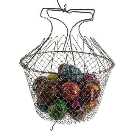 Vintage Wire Egg Basket with Hand Painted Wooden Eggs