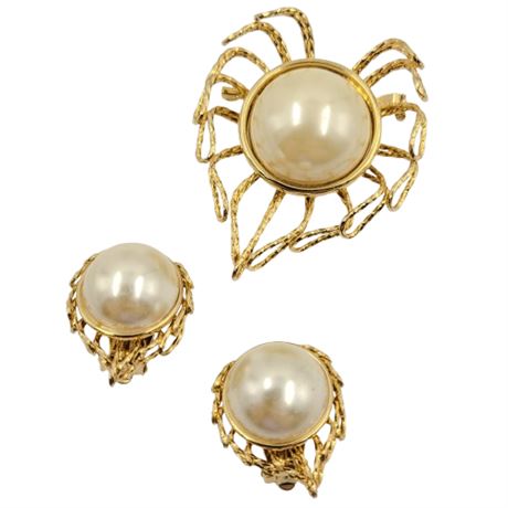 Gold Tone and Faux Pearl Brooch and Clip-on Earring Set
