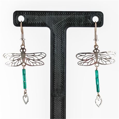 Silver-Tone Dragonfly Dangle Earrings – Cutout Wings, Green Beads & Heart Charms