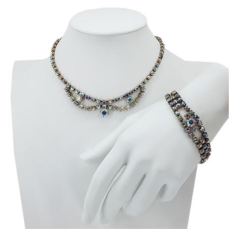 Vtg Aurora Borealis Rhinestone Necklace & Bracelet Set, Flawed