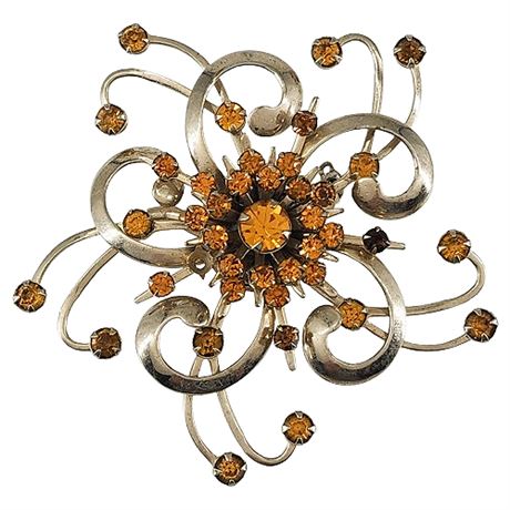 Vintage Amber Rhinestone Flower/Swirl Brooch