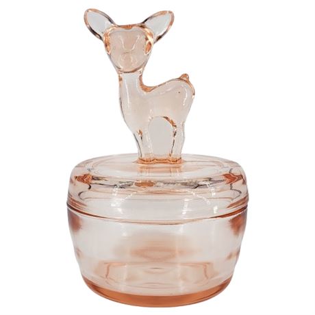 Vintage JEANNETTE Pink Depression Glass Deer Fawn Powder Jar
