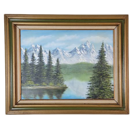 Spring Lake Mountain Landscape Signed Patricia M. Oil Painting