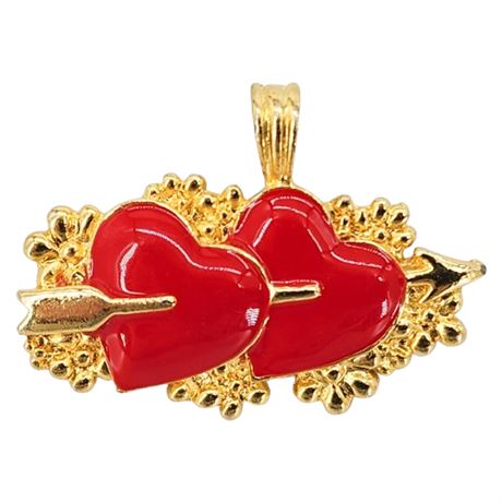 Vintage 1995 Gold Tone Red Enamel Hearts Pendant
