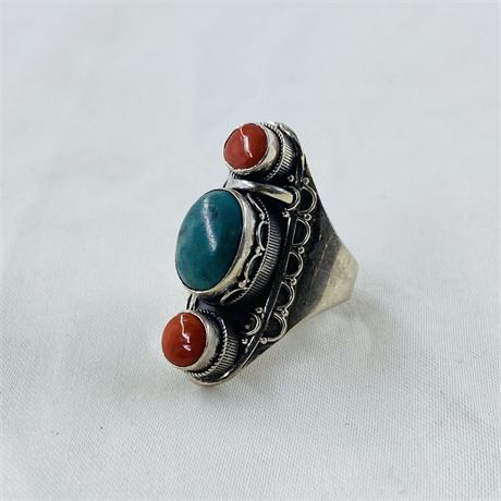 20.4g Sterling Coral + Turquoise Ring Size 10