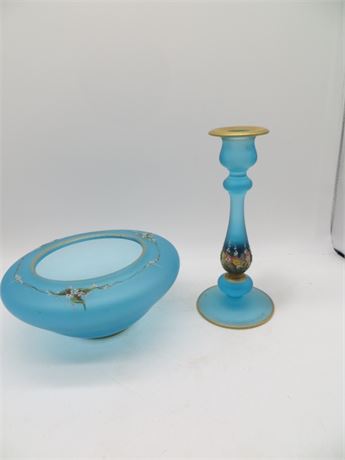 Mid Century Hand Painted Bowl & Candle Stick