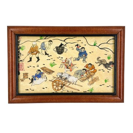 Vintage Framed Japanese Watercolor of an Animal Slaughter on Parchment