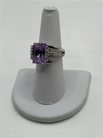 Silver and amethyst emerald cut with rhinestone ring