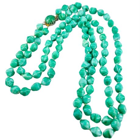 Vintage Green Swirl Art Glass Double Strand Necklace