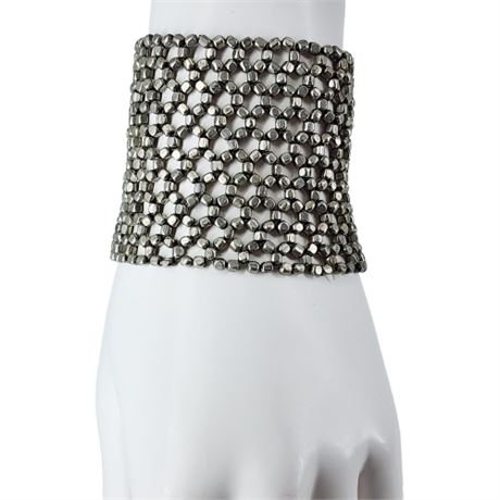 Wide Silver Tone Stretch Weave Beaded Bracelet