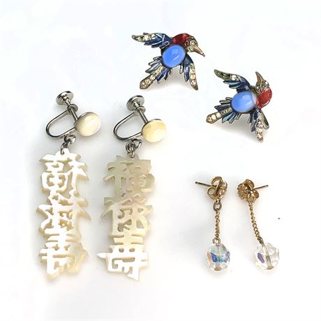 Vintage Jelly Belly Bird Earrings & Mother of Pearl Chinese Character Earrings