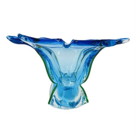 Vintage Murano-style Blue Glass Bowl with Green Accents