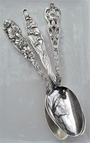 Lot of 3 Antique Sterling Silver Teaspoons ~ Ornate Flower Handles