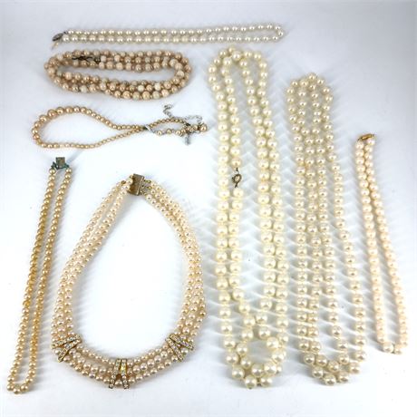 Lot of 8 Vintage Faux Pearl Necklaces – Mixed Styles & Lengths