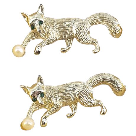 1960s Fox and Faux Pearl Brooch Duo - Gold-Tone with Green Rhinestone Eyes