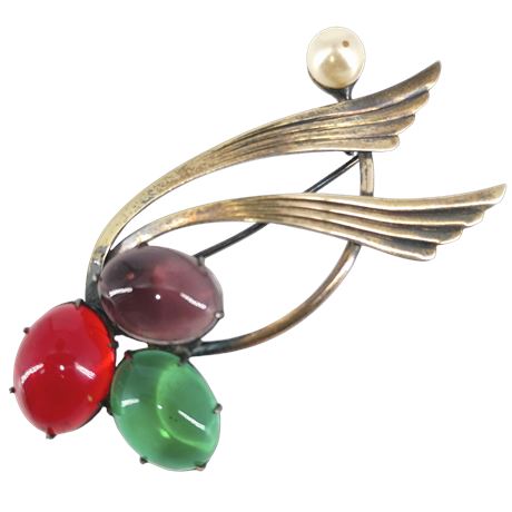 Vintage Sterling+14 Stamped Brooch with Glass Cabochon Trio