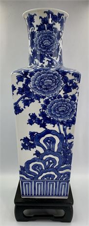 Large 17” MCM LJ Japan Cobalt & White Porcelain Hall Vase with Stand