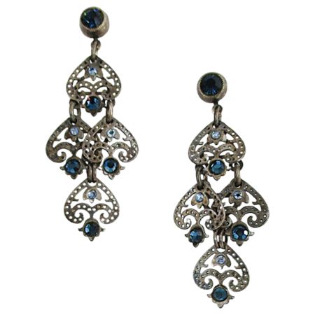 Pewter Tone Metal Chandelier Earrings with Blue Crystals