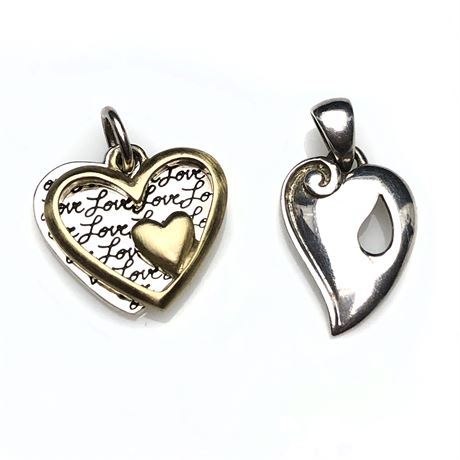 (2) Vintage Designer LA & CG Sterling Silver Heart Pendants