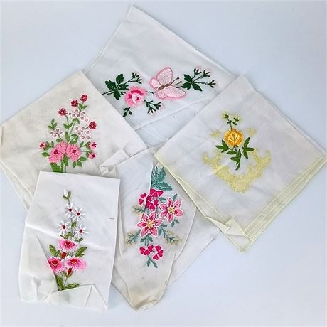 Lot of 5 Vintage Embroidered Handkerchiefs