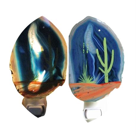 Night Light ~ Hand Painted Southwestern Desert Scene on Blue Glass