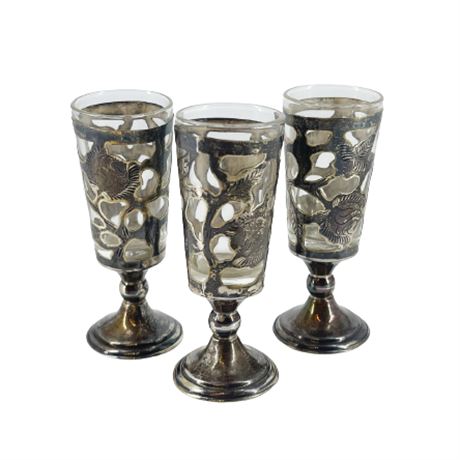 Set of Three Sterling Silver Overlay Cordial Glasses