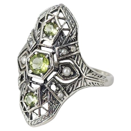 Vintage Sterling Silver Art Deco Marcasite, Peridot, & Seed Pearl Ring, Sz 5