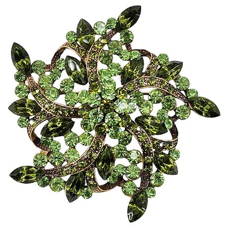 Vintage JHS Green Rhinestone Flower/Swirl Brooch