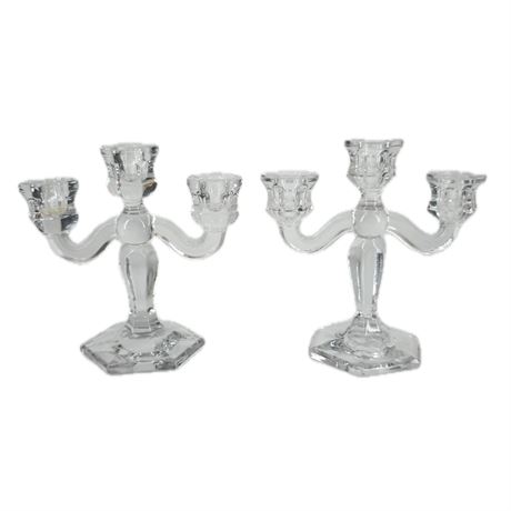 1910 Westmoreland Clear Glass Miniature 3 Arm Candelabras, Set of 2