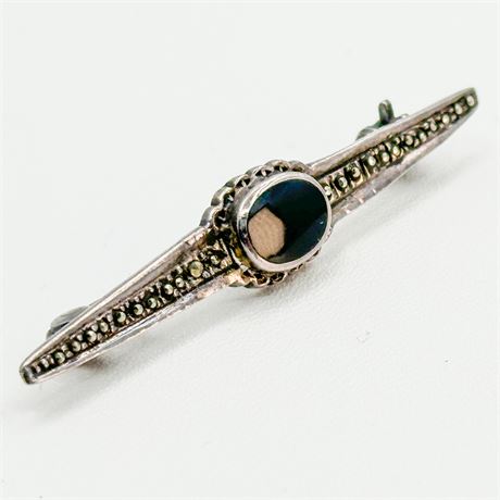 Vintage Sterling Silver, Marcasite & Black Onyx Brooch