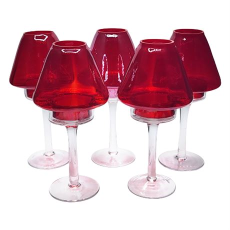 Red Glass Shade Tabletop Votive Lamps, Set of 4 (+1 w/ Cracked Shade)