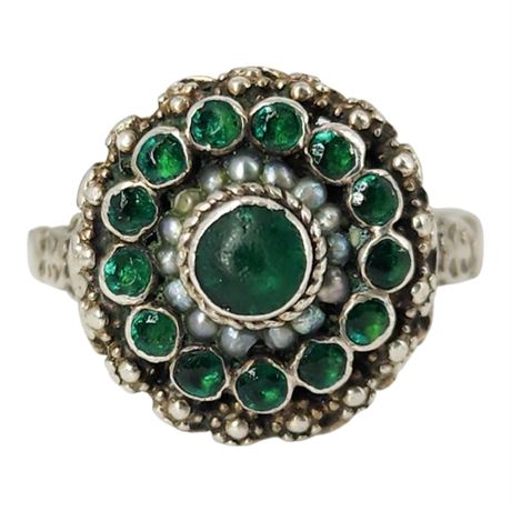 Signed Antique Austrian Sterling Silver, Green Paste, & Seed Pearl Ring, Sz 6