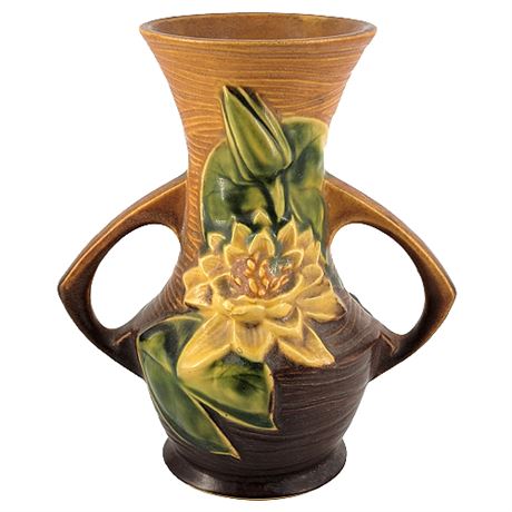 1943 Roseville Water Lily Brown Double Handle Vase