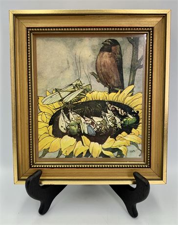 Vintage Sunflower, Bird & Insect Litho Professionally framed at Mayer Gallery