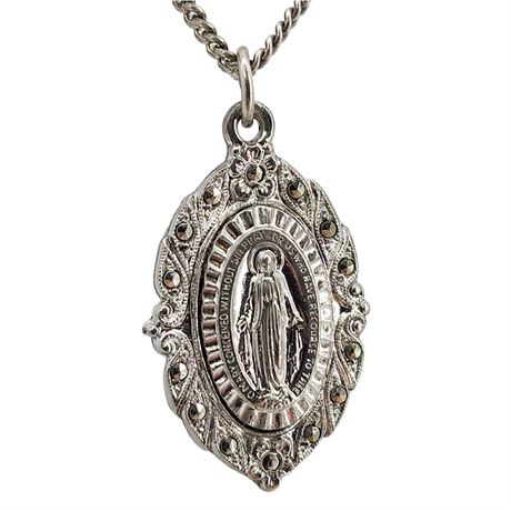 Vintage Sterling Silver Marcasite Miraculous Mary Medal Pendant Necklace