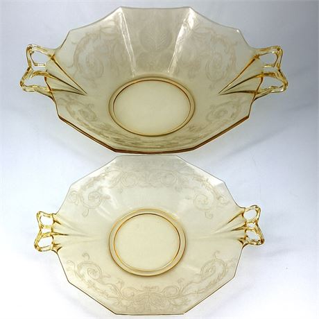Vintage Fostoria Versailles Topaz Glass Large Bowl and Matching Bow Plate